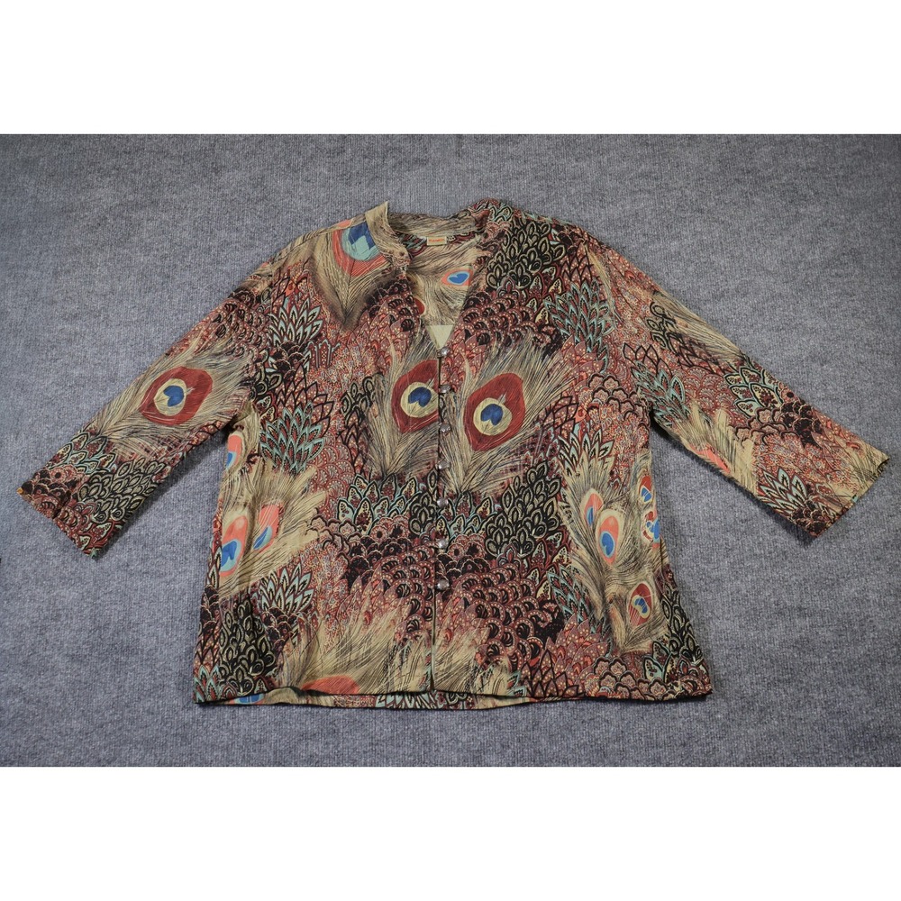 Tianello Art to Wear Peacock Bird Feather Paisley Blouse XL 3/4 Sleeve V Neck